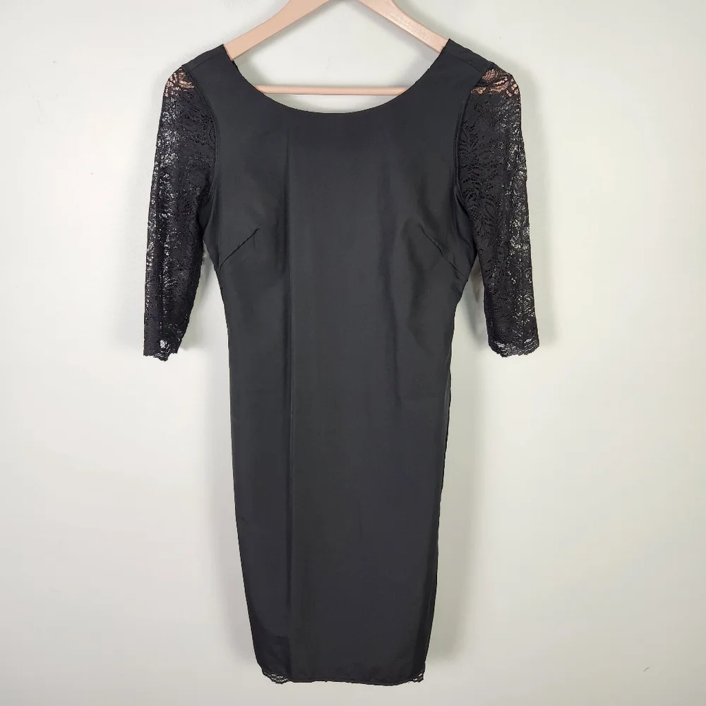 NWOT Banana Republic Black Lace Sheath Dress 3/4 Sleeve Scallop Hem Size 0 #0603